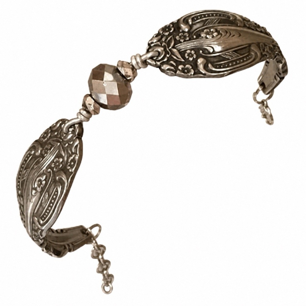 Silverware Spoon Bracelet Ornate Silver Tone Faceted Bead Adjustable Clasp